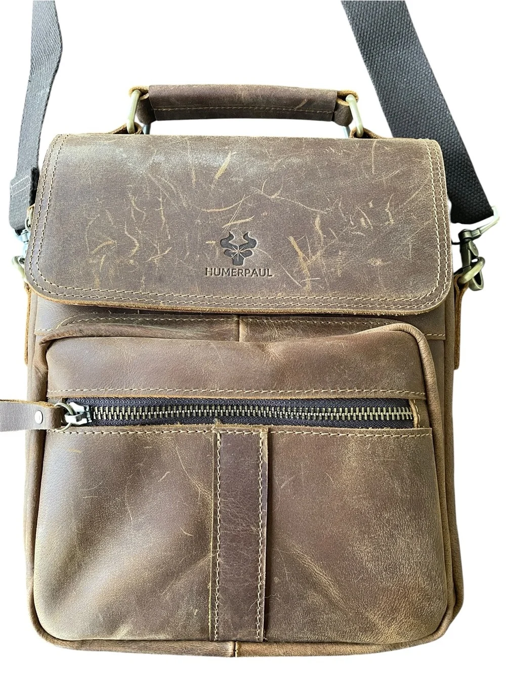 HUMERPAUL MEN’S VINTAGE LEATHER MESSENGER BAG Crazy Horse Leather Crossbody