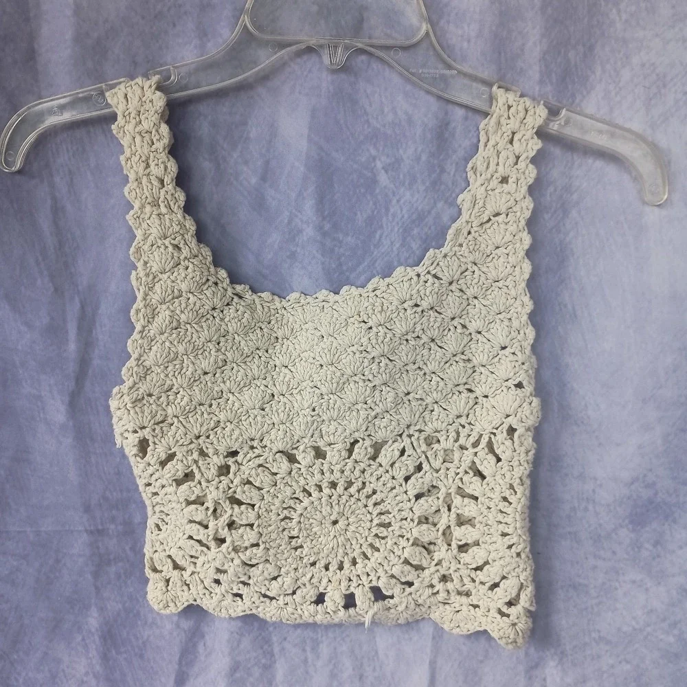 Handmade Crochet Tank Top Cream Open Knit Boho Festival Cottagecore