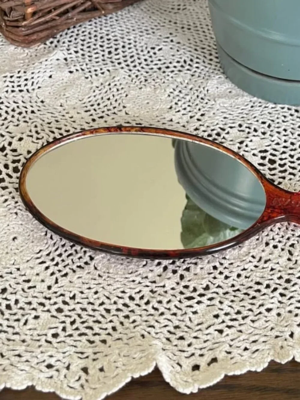 Vintage 70’s Cameo Amber Lucite Hand Mirror Ornate Handle Vanity