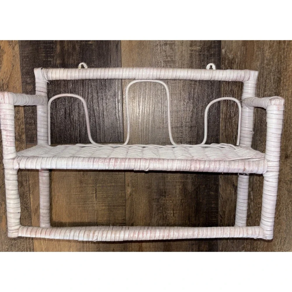 Vintage White Wicker Bench Wall Shelf Boho Cottage Coastal Bathroom Decor
