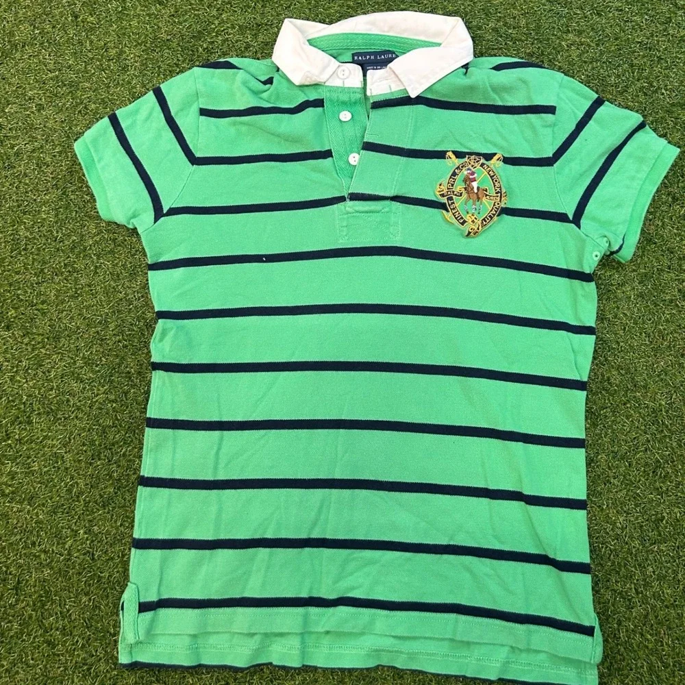 Ralph Lauren Mens Green Navy Striped Crest Rugby Polo Shirt Large Short Sleeve