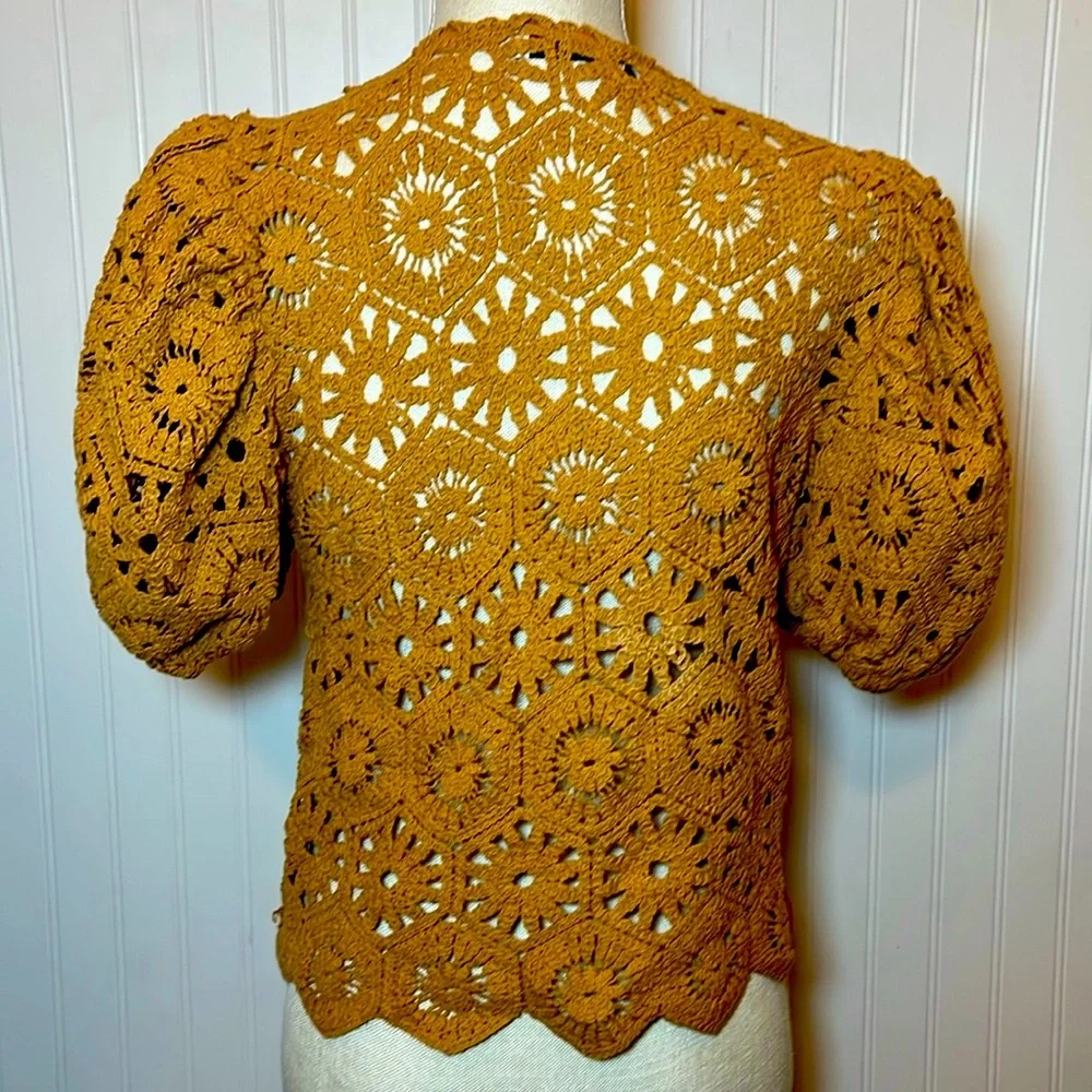 Zara Crochet Puff Sleeve Sweater Top - Rust/Tan/Spice Brown color