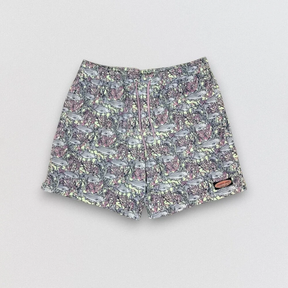 Men's Coral Reef Fish Print Swim Trunks L Beach Shorts Mesh Lined