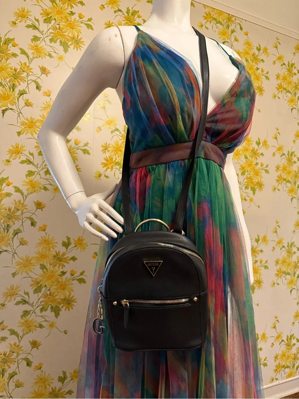 Guess 2 in 1 Black Mini Backpack with Silver Hardware