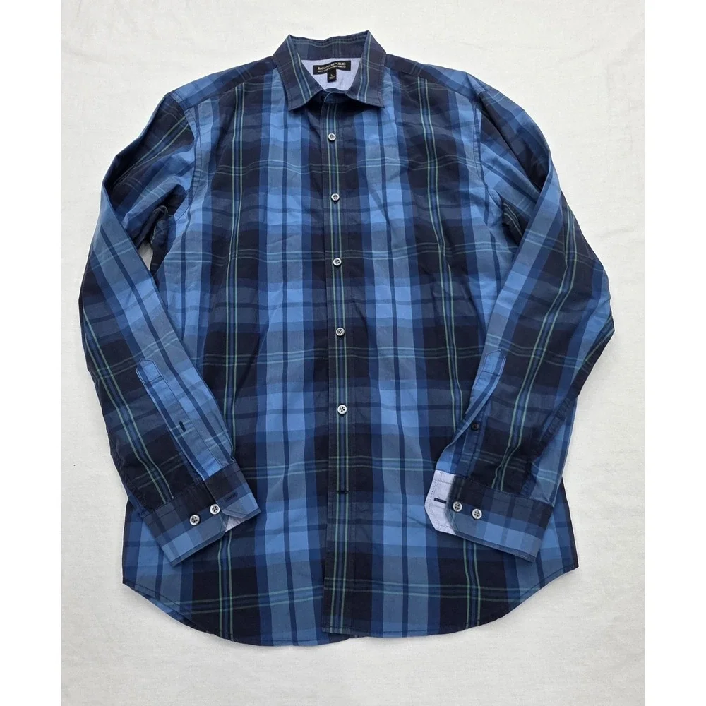 Banana Republic Soft Wash Tailored Slim Fit Blue Plaid Shirt Men's Size L