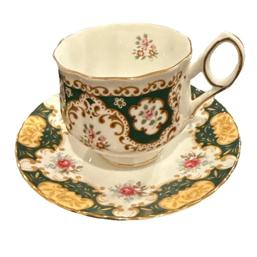 Queens Rosina Green Emperor Bone China England Floral Tea Cup‎ Saucer Vintage