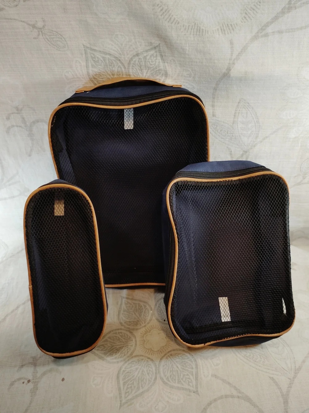 3pc Navy Blue Travel Organizer Cubes Bags with Tan Trim