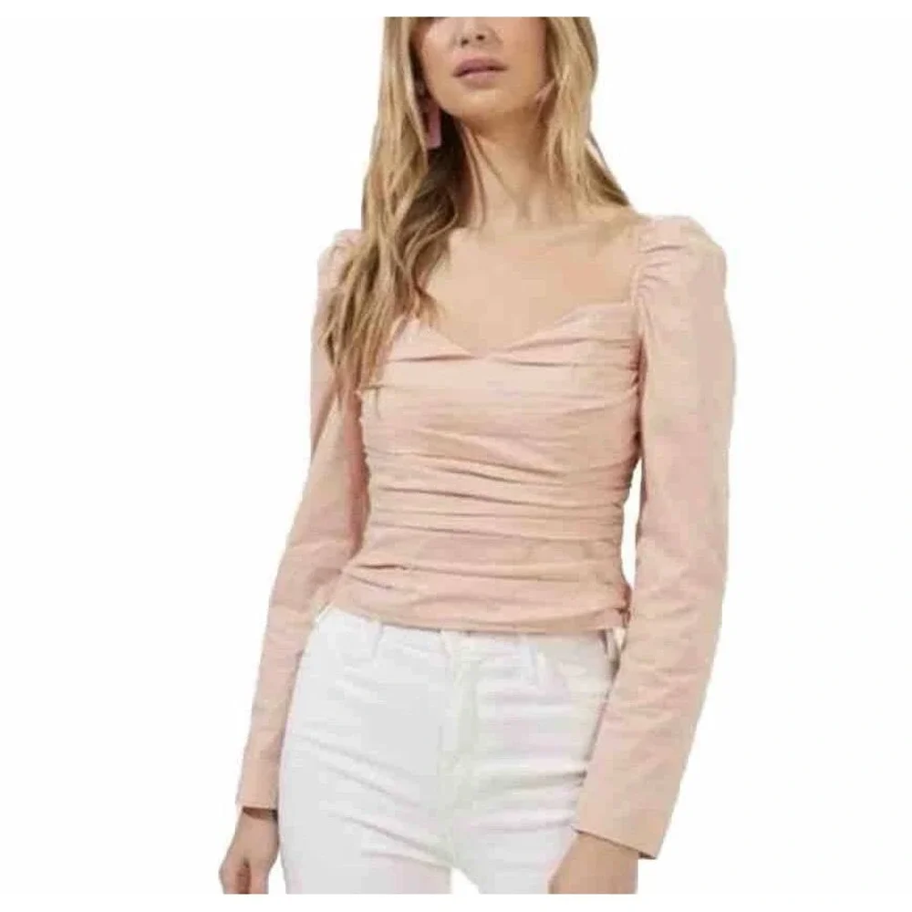 ASTR the Label Blush Sweetheart Ruched Puff Long Sleeve Blouse Size XL Pink‎