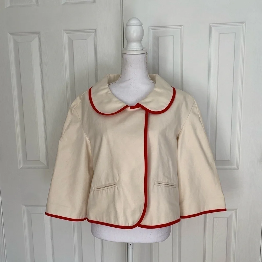Kate Spade- NWOT Ivory Canvas Cropped Jacket with Red Piping Trim