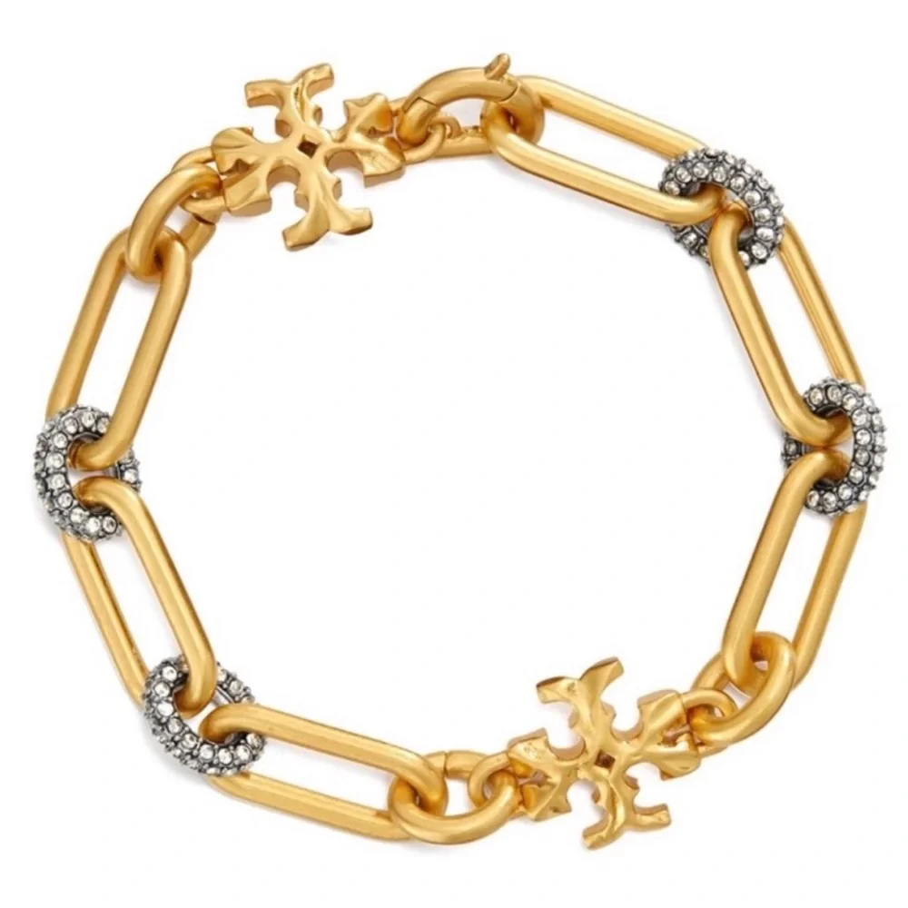 NWOT Auth. Tory Burch Roxanne Pave Bracelet in rolled Tory Antique Gold