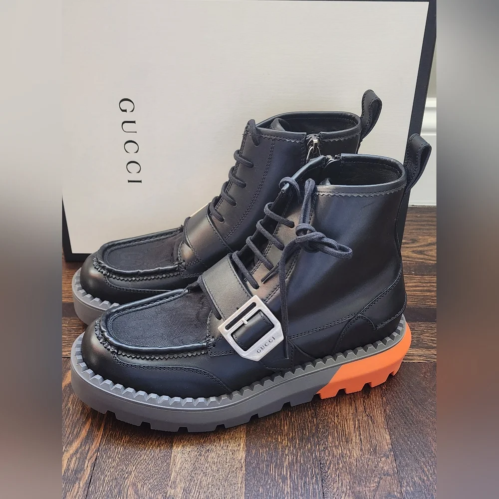 $1600 Brand New Gucci Sierra Calf Men's Boots Nylon GG Sz G 7 US 7.5