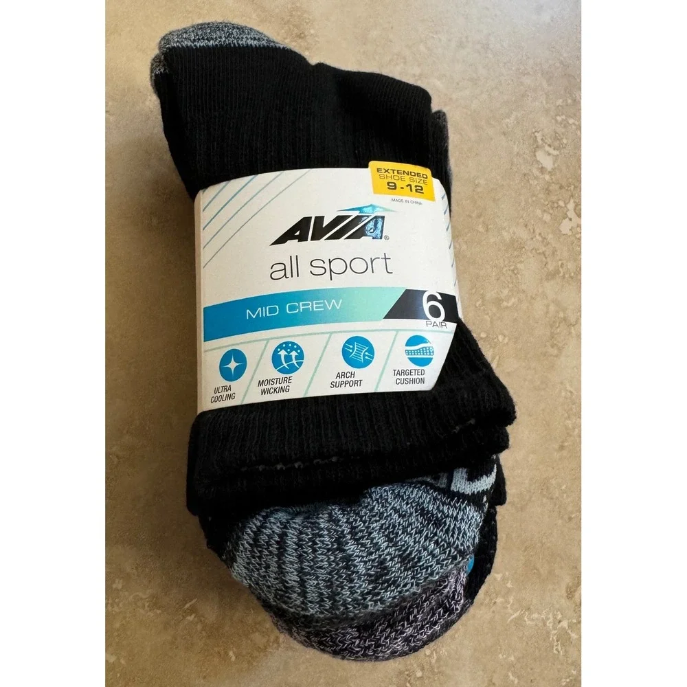 Avia Socks Women 9-12 Black Mid‎ Crew 6 Pair All Sport Athletic NEW