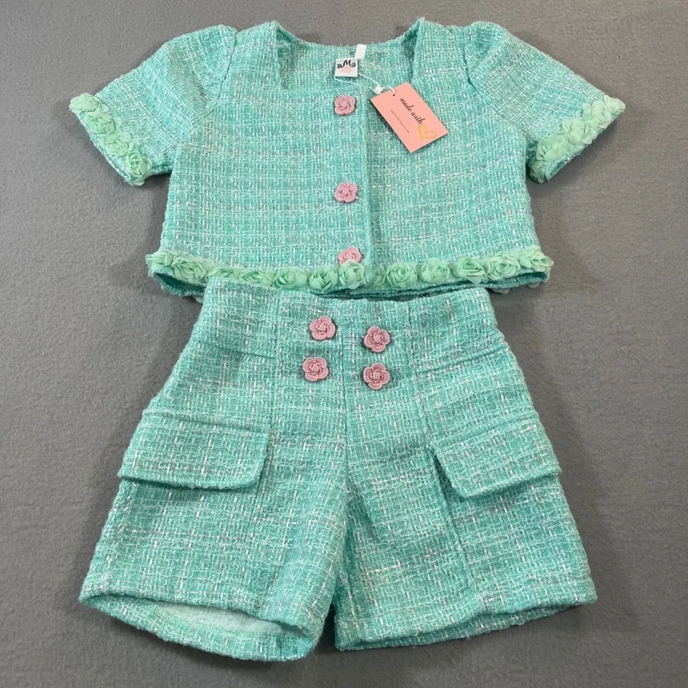 Mia Belle Girls Mint Green Tweed 2 Piece Set Rosette Trim Shorts Jacket Size 7/8