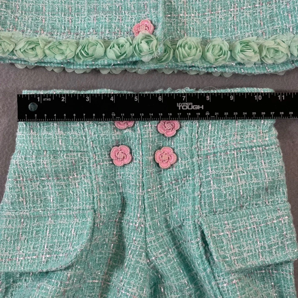 Mia Belle Girls Mint Green Tweed 2 Piece Set Rosette Trim Shorts Jacket Size 7/8