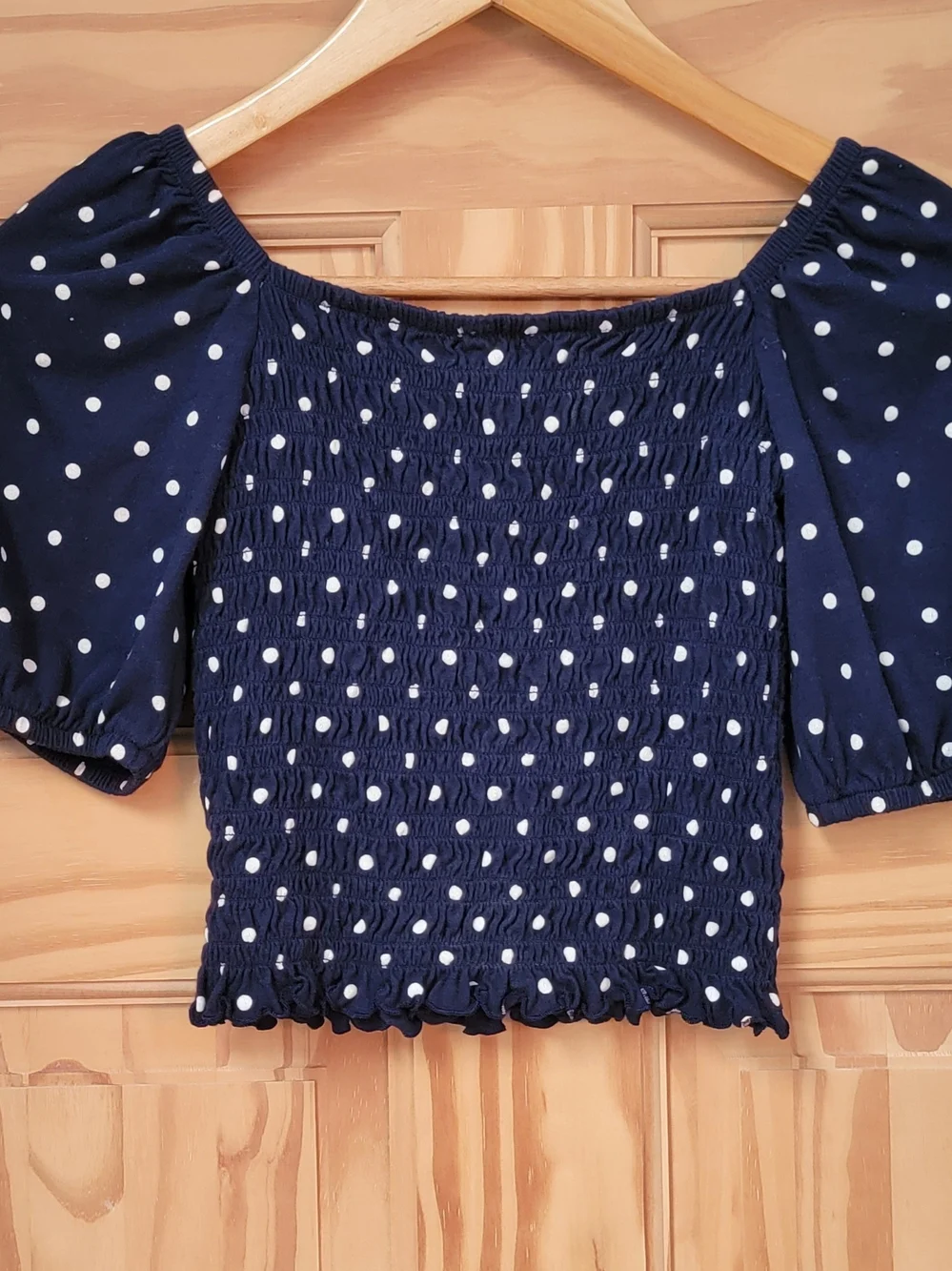 GAP Kids Navy and White Polka Dot Off-Shoulder Smocked Crop Top - Size L