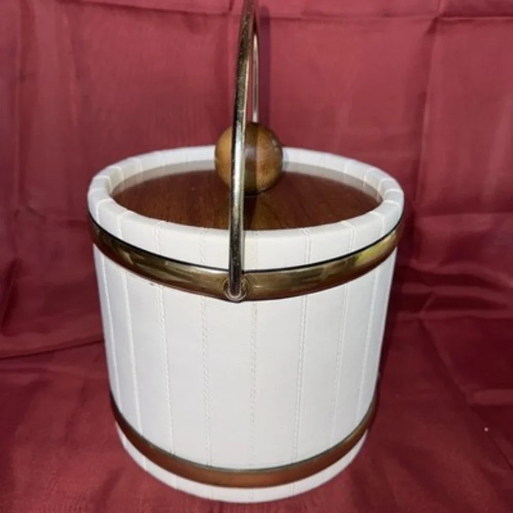 MCM Kraftware White leather ice Bucket W/tongs : Vintage Barware NYC.