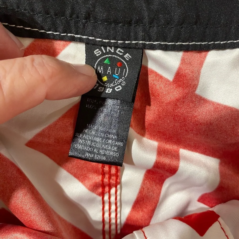 Maui Red and White Patterned Swim Trunks 38 (OF)