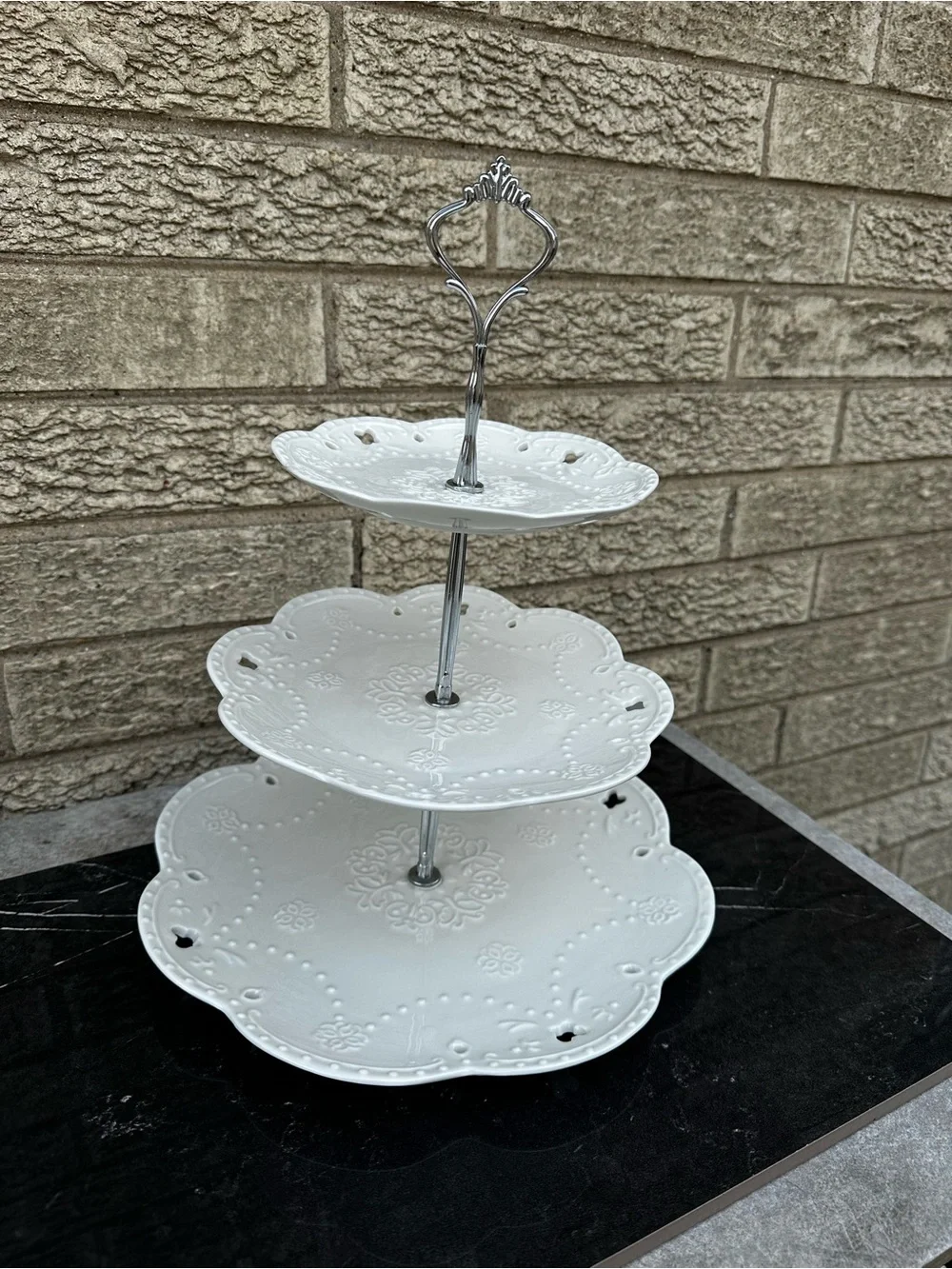 3-Tier White Ceramic embossed Serving Stand - Elegant Dessert Display