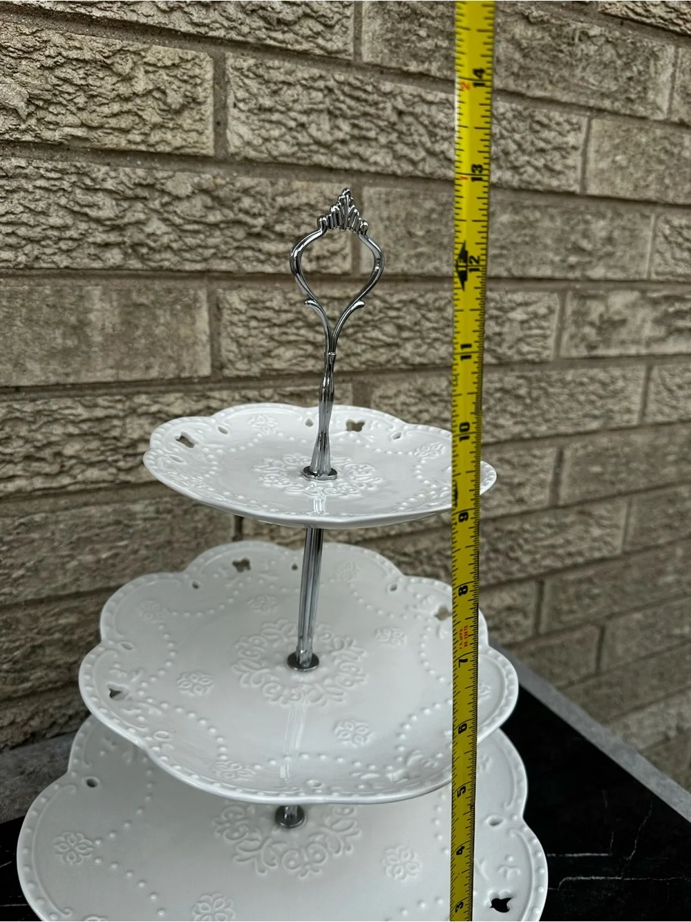 3-Tier White Ceramic embossed Serving Stand - Elegant Dessert Display