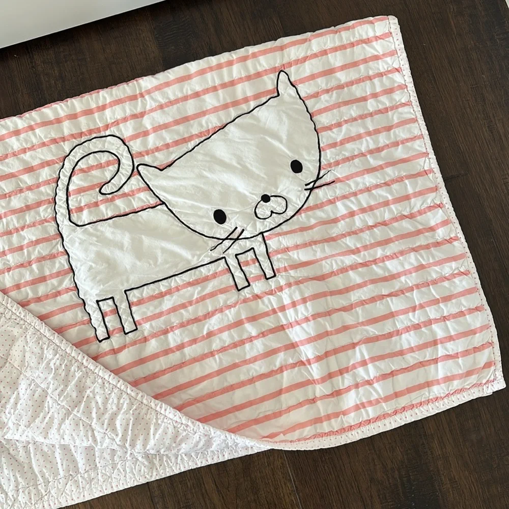 Vintage The Land Of Nod Pink‎ White Striped Cat Throw Baby Blanket Nursery Crib