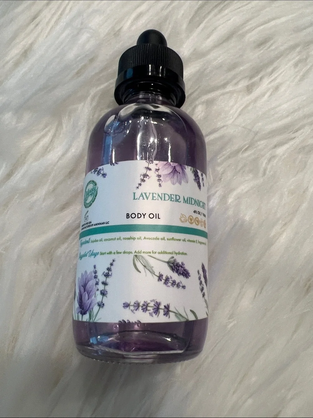 Aminnah X Dillypicky lavender midnight body oil retails $48.00 USD