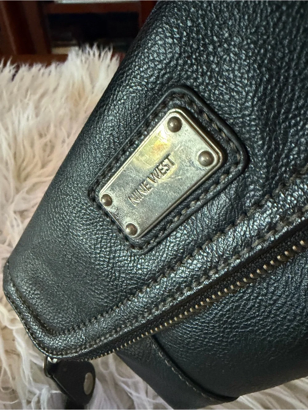 Nine West Black Leather Zip-Top Wristlet Clutch