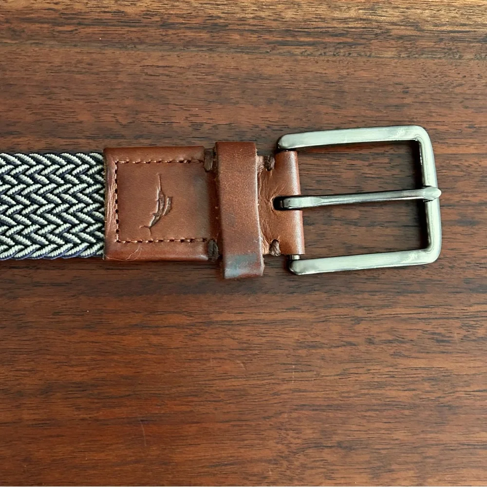 Tommy Bahama Navy & Tan Woven Belt Leather Trim Size L/XL