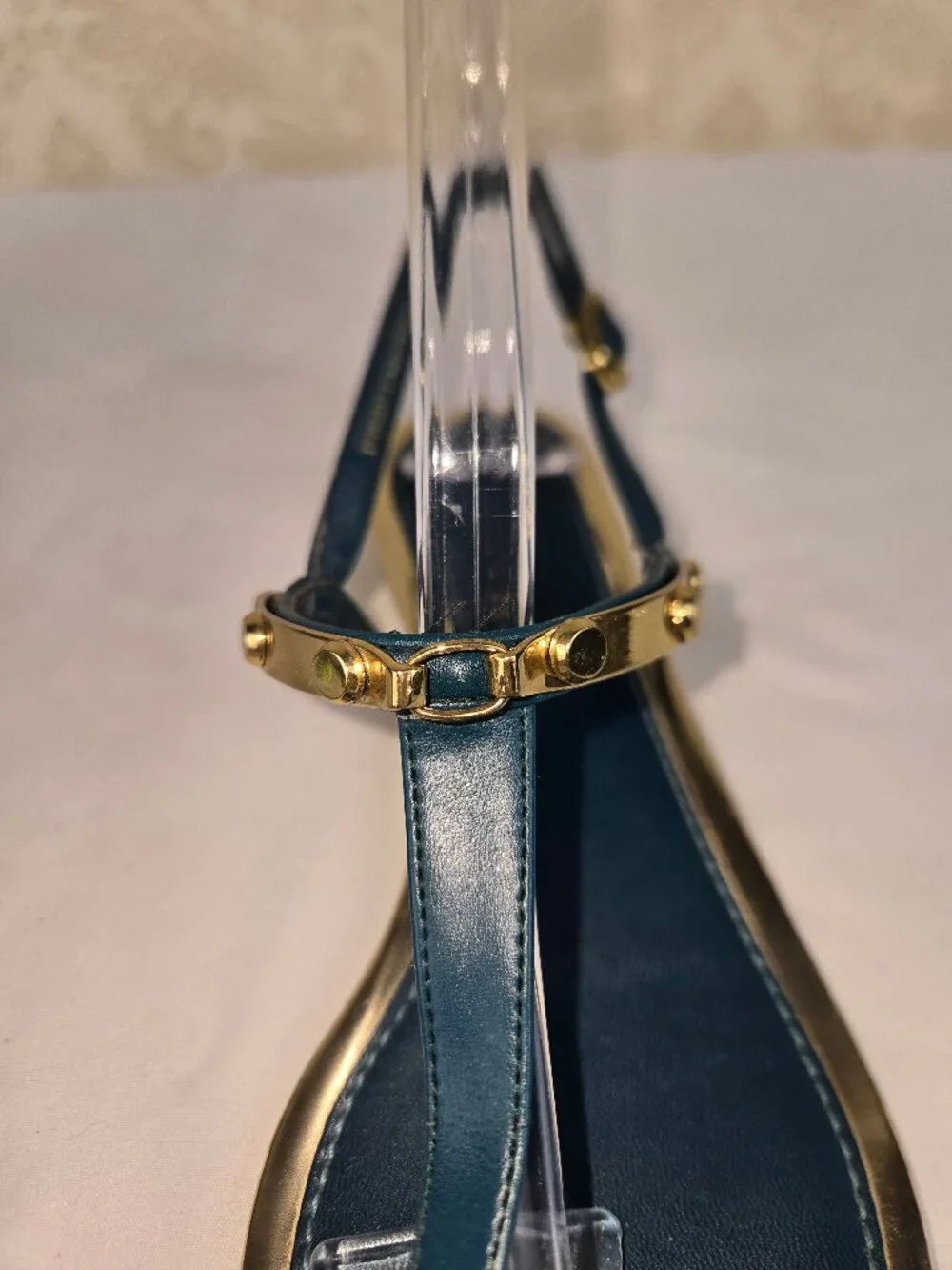 Charles & Keith Size 37 (US 7) Teal Gold Accent Leather Sandal Ankle Strap