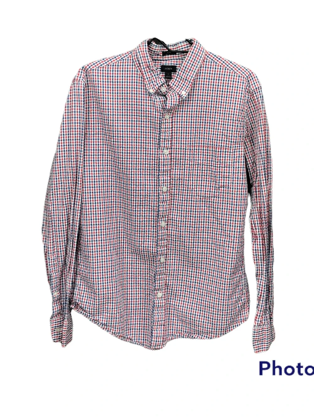 J Crew Men's Slim Fit Button Down Gingham Plaid Shirt Sz LG Red Blue 100% Cotton