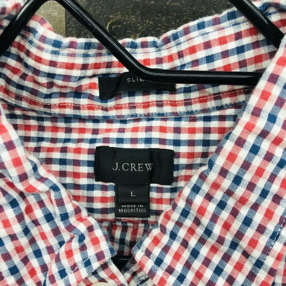 J Crew Men's Slim Fit Button Down Gingham Plaid Shirt Sz LG Red Blue 100% Cotton