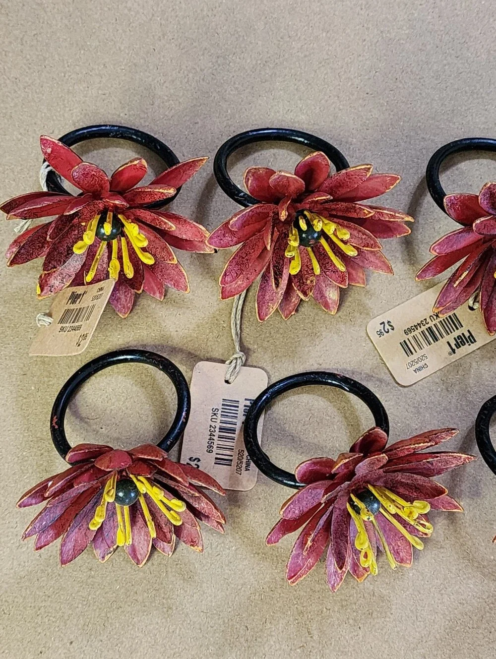 Pier One Flower Napkin Rings (8) Chrysanthemum Red Yellow Black4-nwt 4-used