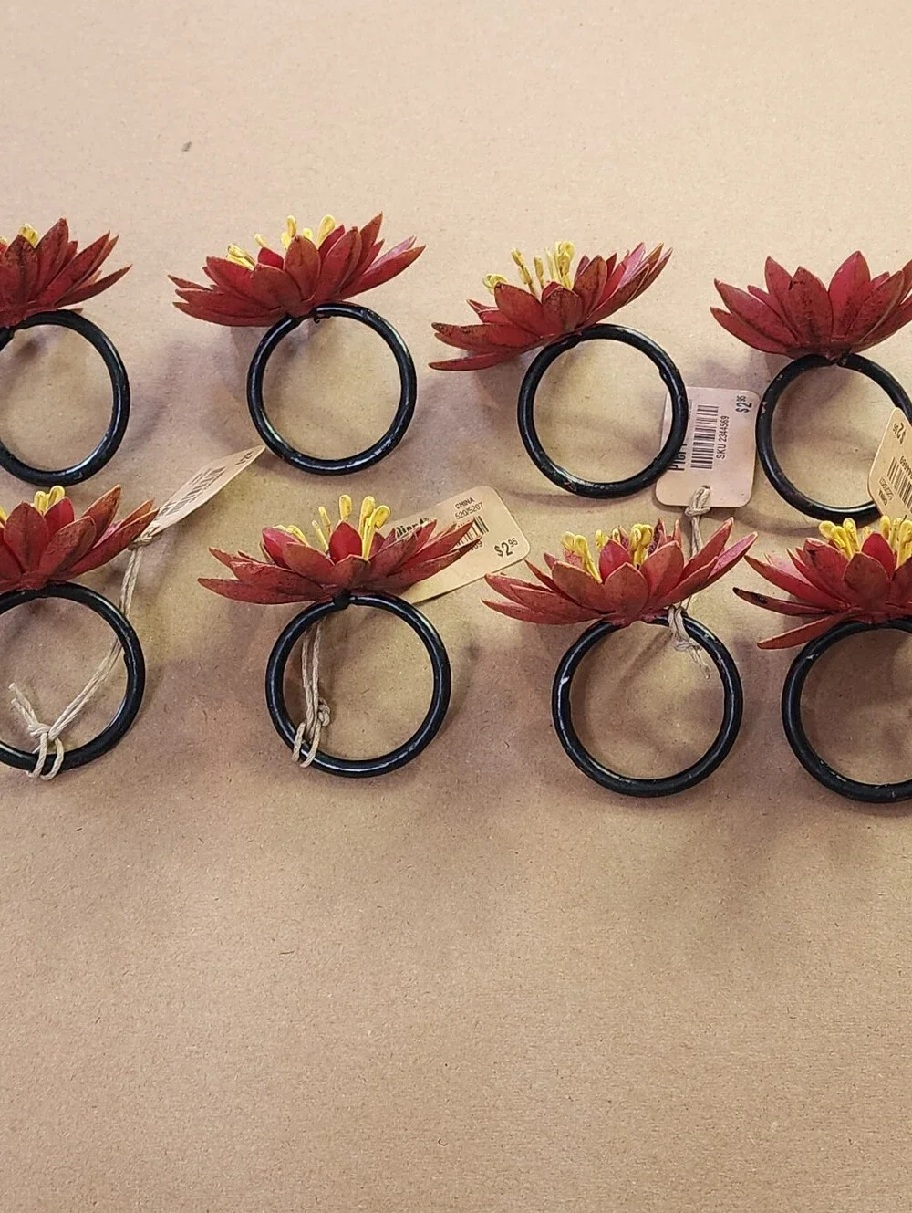 Pier One Flower Napkin Rings (8) Chrysanthemum Red Yellow Black4-nwt 4-used