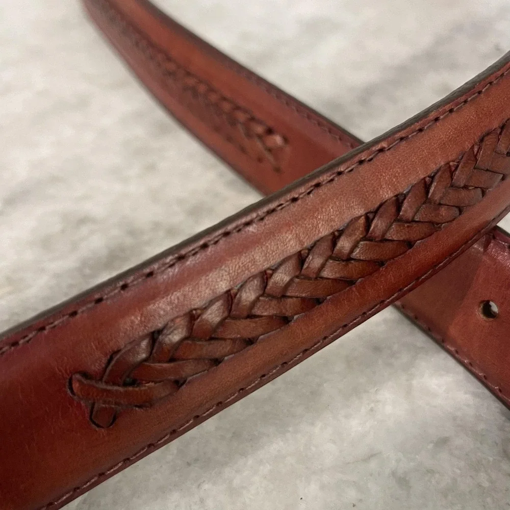 Western Braided Leather Belt Mens 42 Brown Full Grain Cowhide Brass Buckle