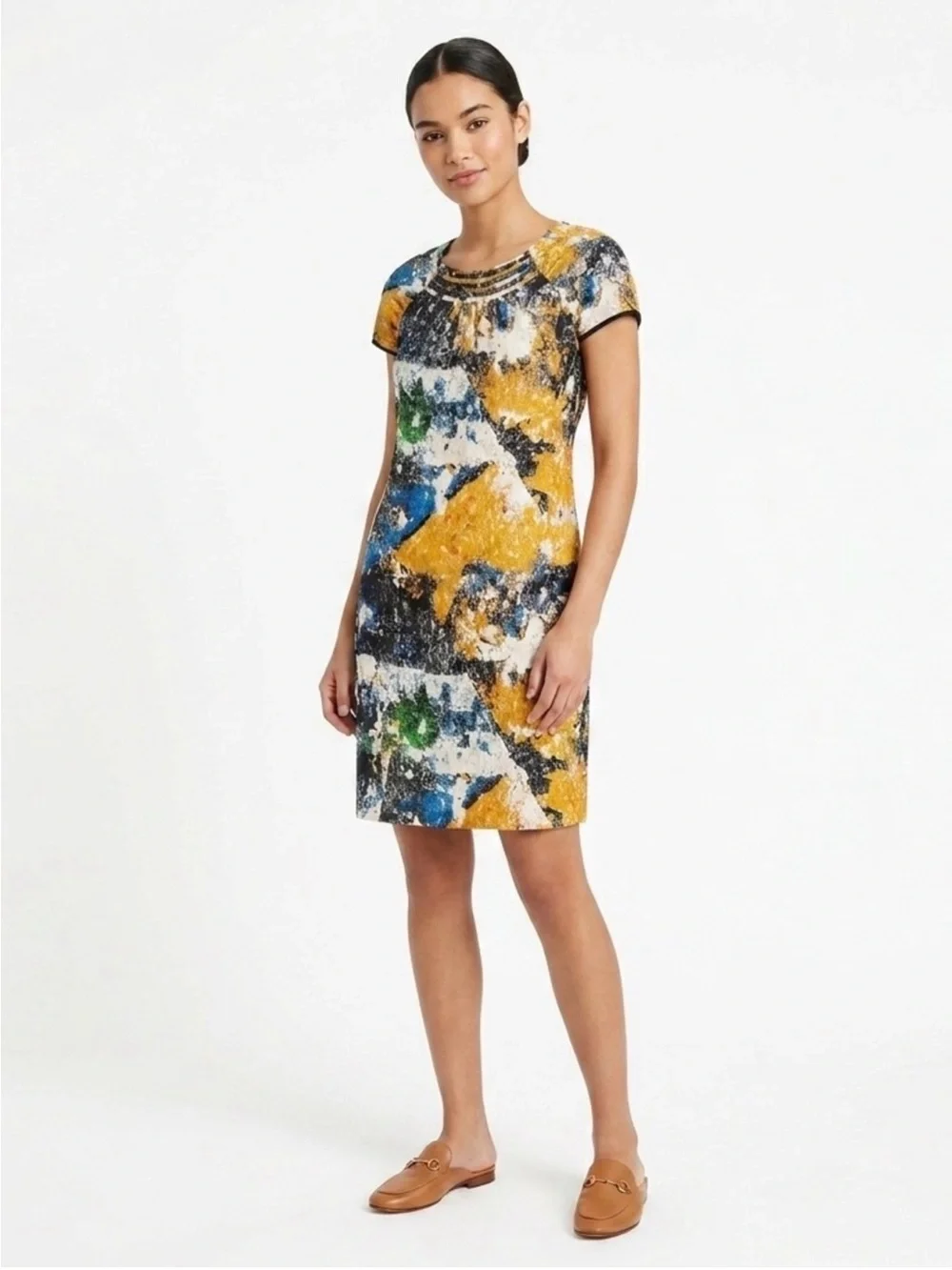 Tory Burch Abstract Midi Shift Dress in Yellow, Blue and Green
