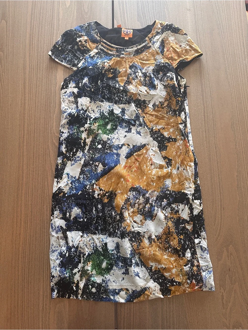 Tory Burch Abstract Midi Shift Dress in Yellow, Blue and Green