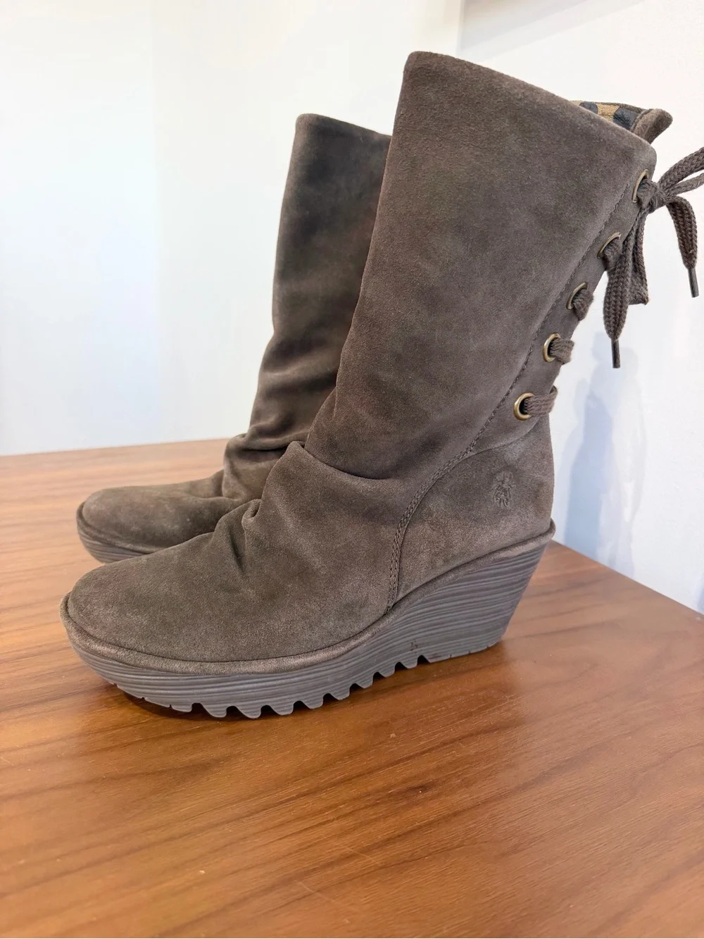 Fly London Yada Suede Wedge Mid-Calf Boot olive green Brown