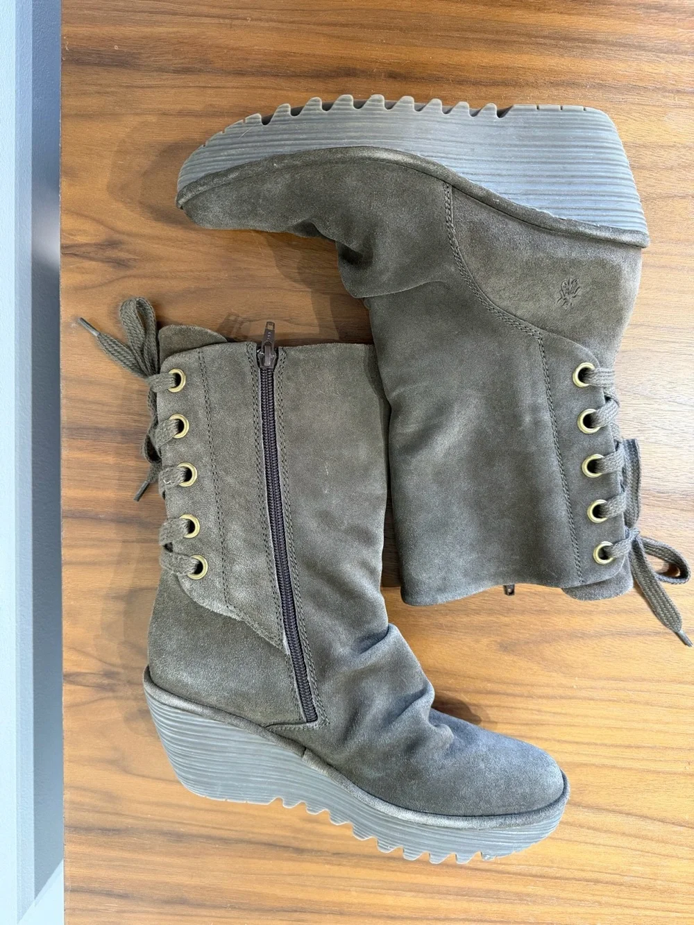 Fly London Yada Suede Wedge Mid-Calf Boot olive green Brown