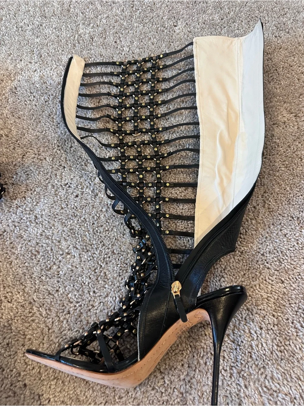 Sophia Webster Black Open Lattice Gold Studded Over-the-Knee Stiletto Boots