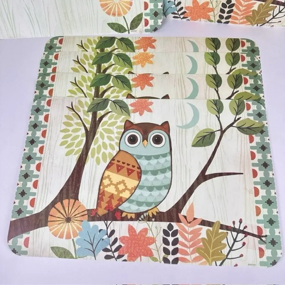 J Brinley Artist, Woodland Owl 6 Placemats Vinyl, 2 sides MCM Table Setting Bird