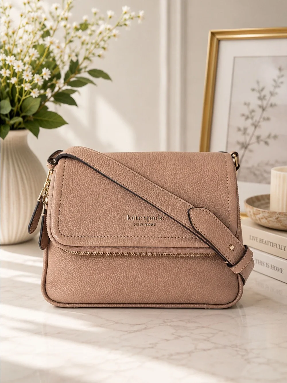 EUC Kate Spade Run Around Large Flap Crossbody Tan Pinmount Logo
