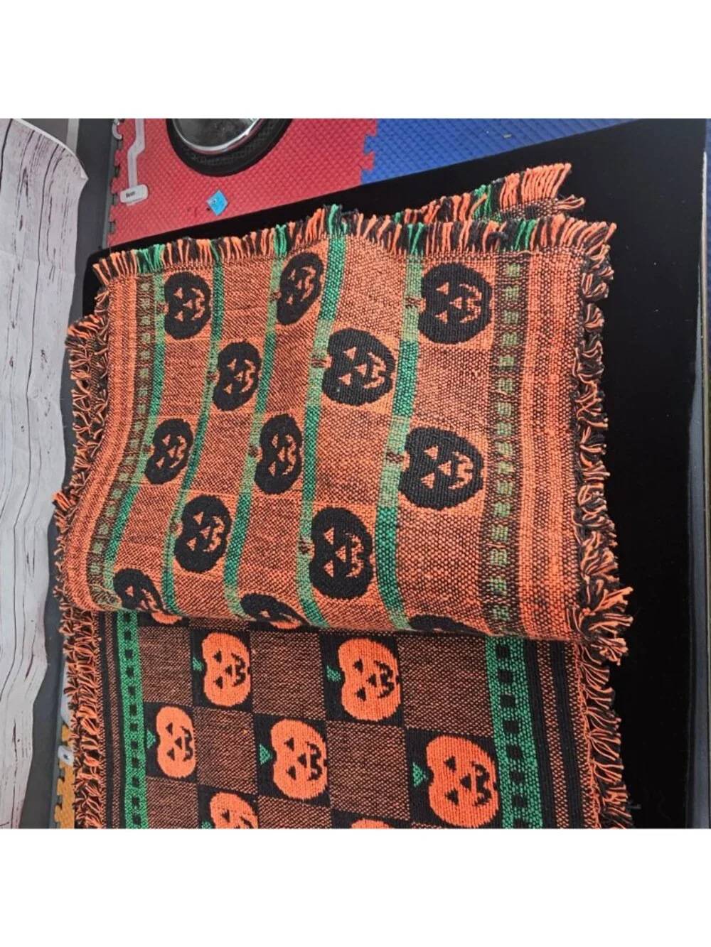 Vintage Halloween Woven Pumpkin Placemat Set Of 4 With Fringe - Black & Orange J