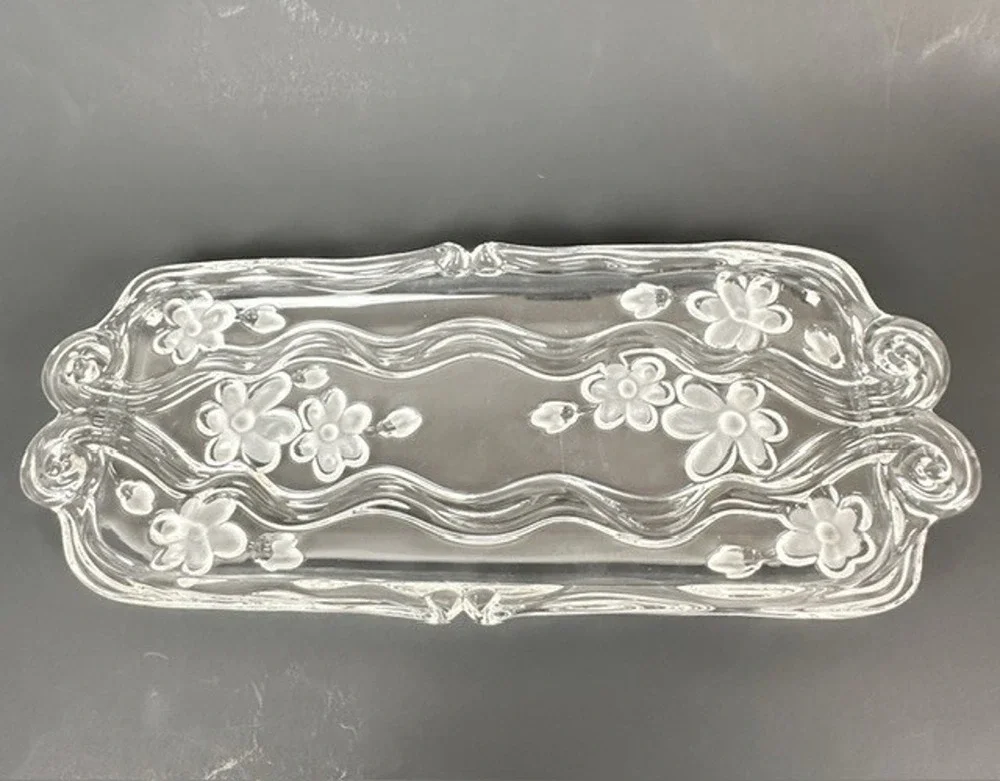 Celento Collection Fine Crystal Rectangle Serving Cake Tray Germany Floral Flowe