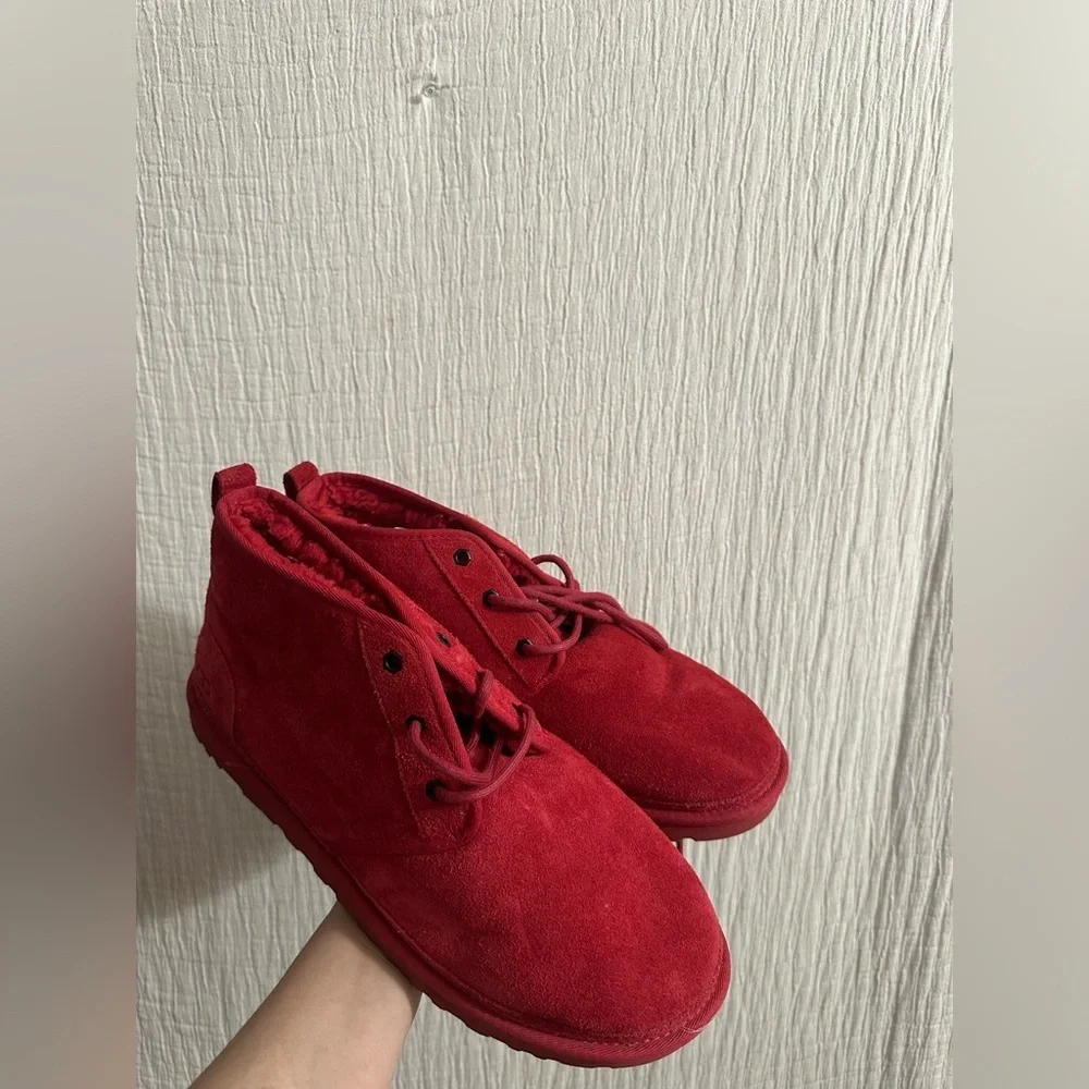 UGG Chukka Boots Shoes Mens 12 Red Neumel Suede Sheepskin Lace Up