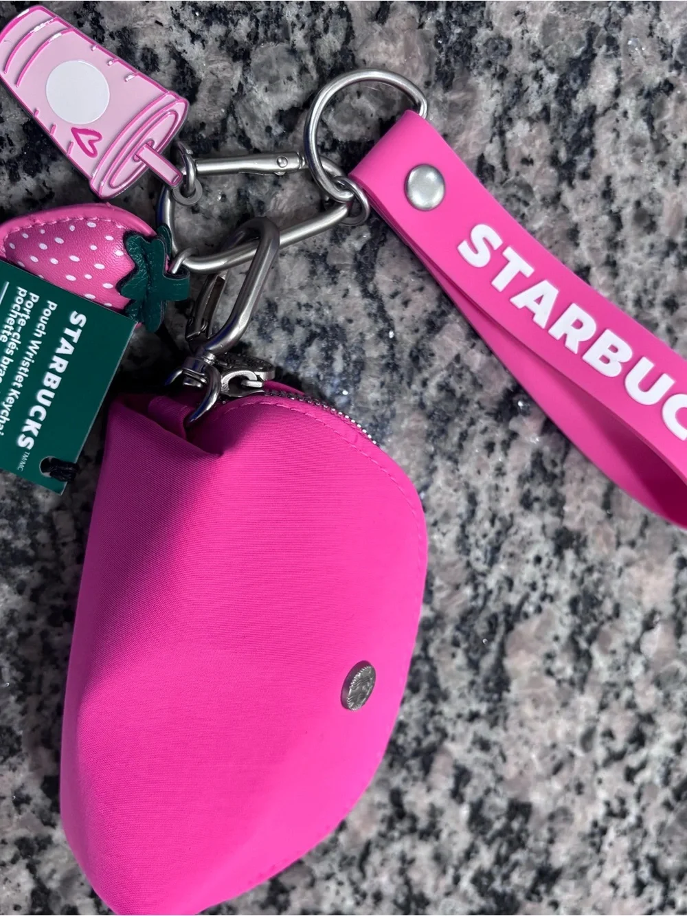 Starbucks Pink Keychain Wristlet Pouch with Strawberry Charm