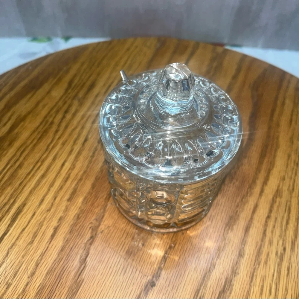 Vintage Federal Glass Clear Sugar Bowl Jam Jar w/Lid & spoon Button & Cane