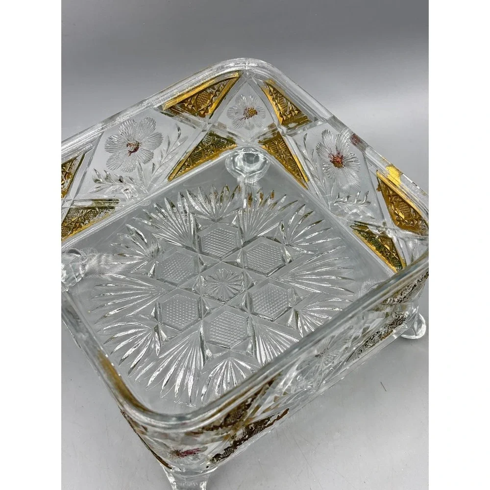 Vintage Crystal Glass Candy Dish‎ Footed Gold Gilt Floral Etched Decor
