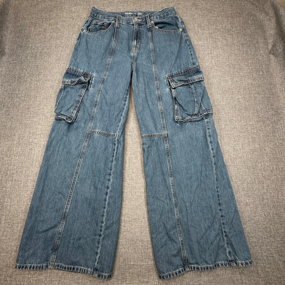 Old Navy High-Waisted Super Baggy Wide-Leg Cargo Jeans Girls 18 Seam Front Denim