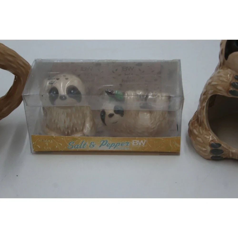 BW Live Slow Sloth Salt & Pepper Shakers Mug Sponge Holder Lot of 4 pcs Cute Set