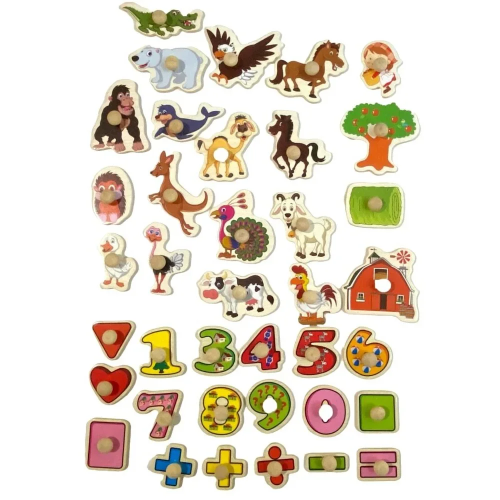 Preschool Wooden Puzzle Piece with Knobs Lot of‎ 38 Crafting DIY Decor Tactile