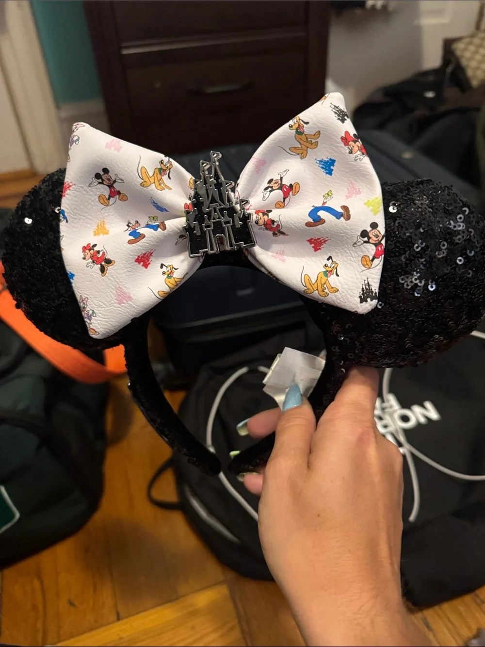 Loungefly Black Sequin Minnie Ears Headband with White Character Bow